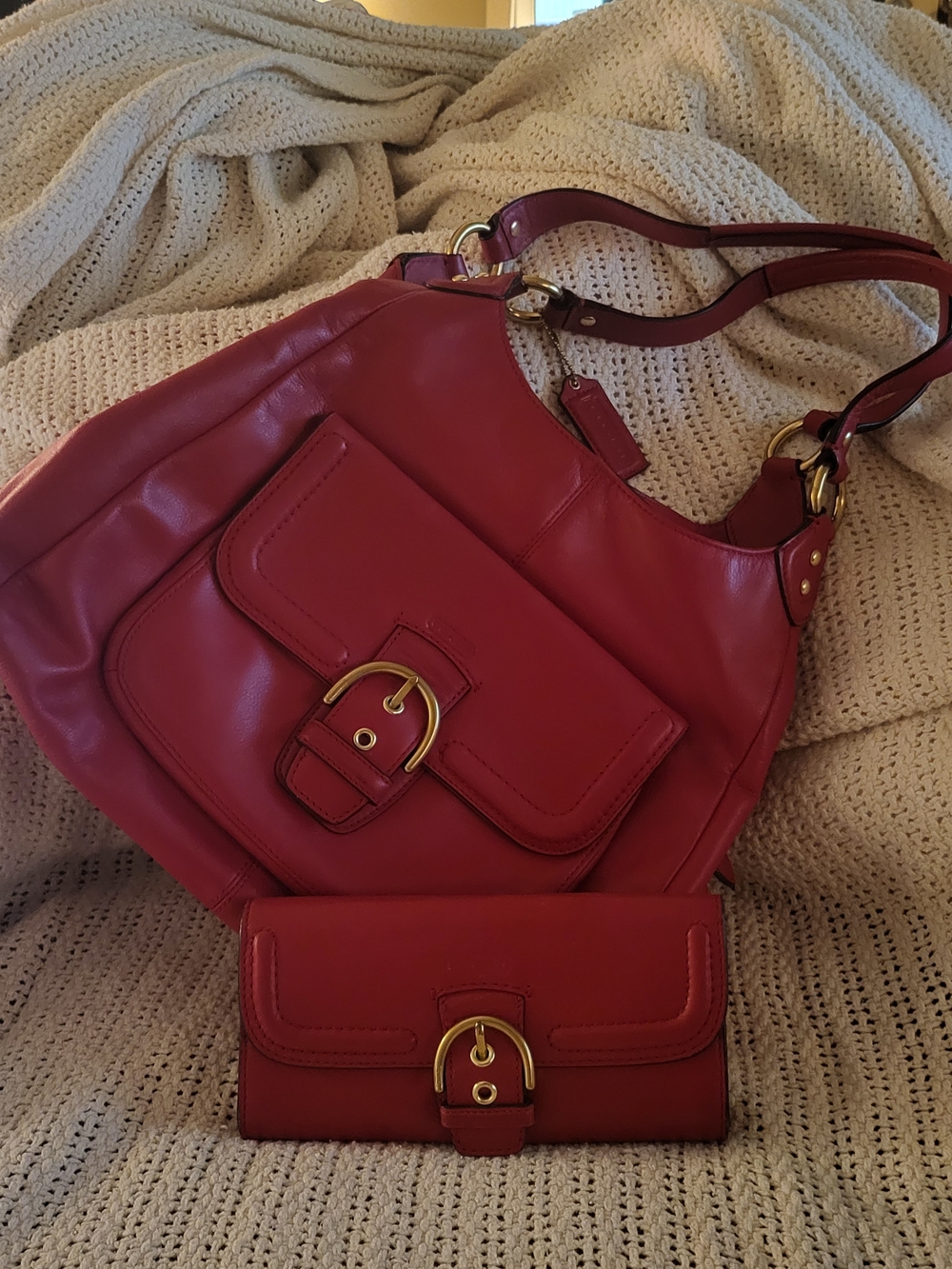 Coach Red Leather Shoulder Bag with Matching Wallet